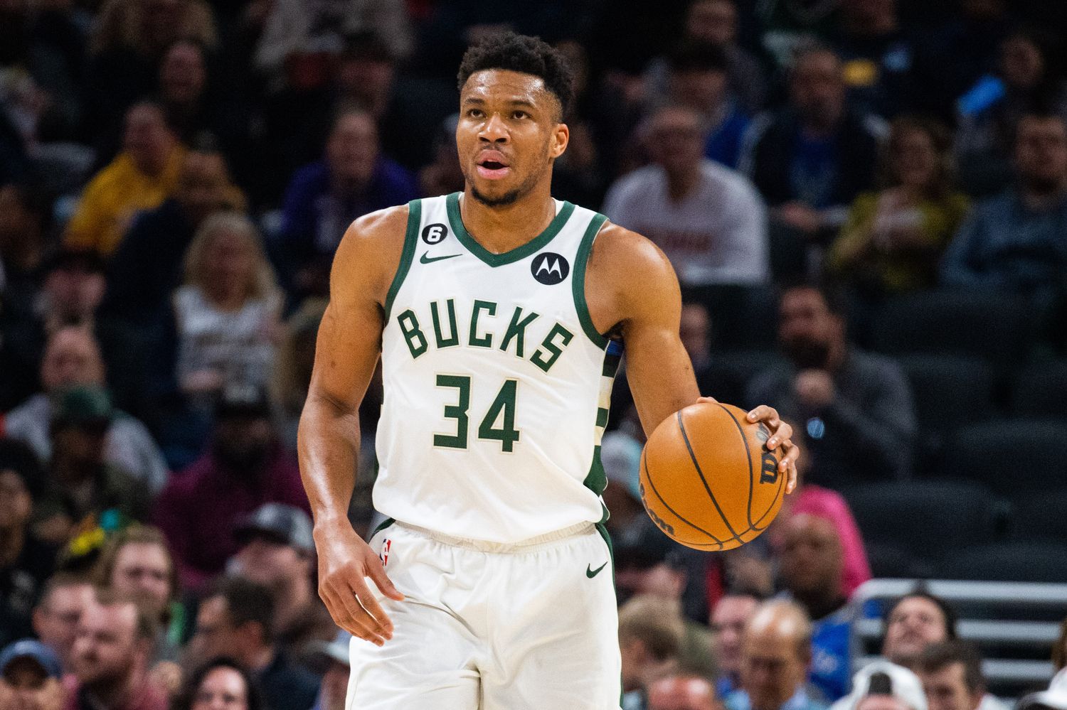 Milwaukee Bucks forward Giannis Antetokounmpo dribbles the basketball.